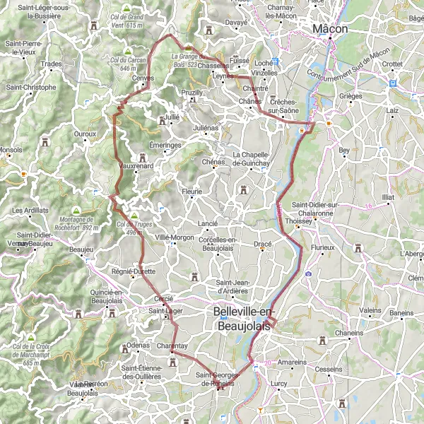 Mapa miniatúra "Gravelová cesta cez Genouilleux a Château de Vallières" cyklistická inšpirácia v Rhône-Alpes, France. Vygenerované cyklistickým plánovačom trás Tarmacs.app