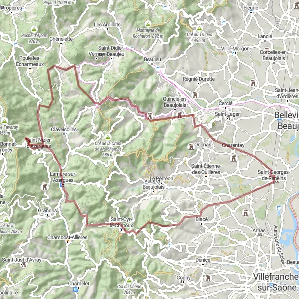 Mapa miniatúra "Gravel Route to Mont Brouilly" cyklistická inšpirácia v Rhône-Alpes, France. Vygenerované cyklistickým plánovačom trás Tarmacs.app