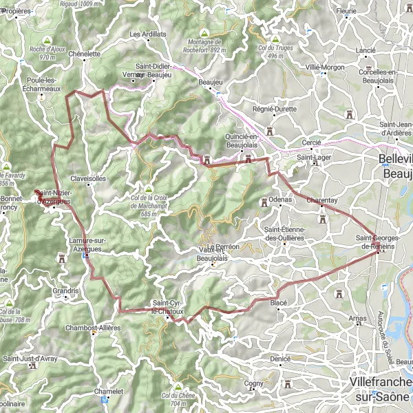 Kartminiatyr av "Grustur till Mont Brouilly" cykelinspiration i Rhône-Alpes, France. Genererad av Tarmacs.app cykelruttplanerare