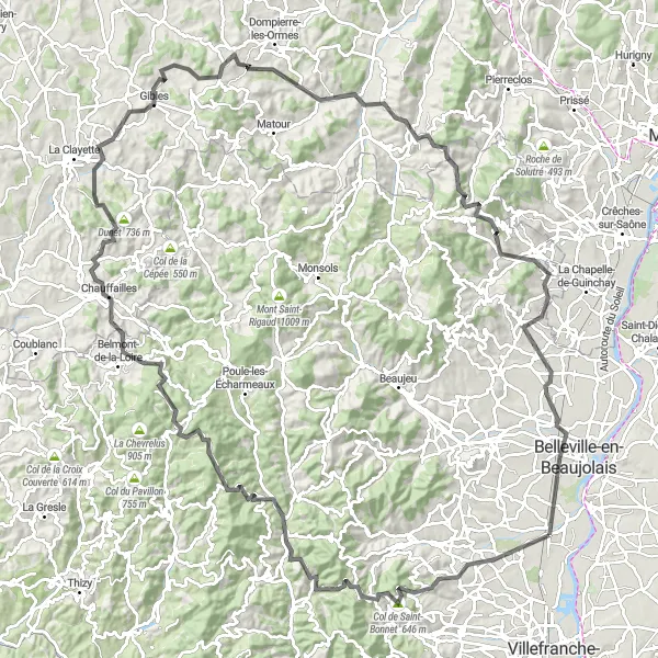 Miniaturekort af cykelinspirationen "Udfordrende rute til Blacé, Col de Saint-Bonnet, Saint-Nizier-d'Azergues, Chauffailles, Dunet, Varennes-sous-Dun, Le Bois des Ayes, Montmelard, Trambly, Signal de la Mère Boitier, Grande Montagne, Chénas, Corcelles-en-Beaujolais og Château de Vallières" i Rhône-Alpes, France. Genereret af Tarmacs.app cykelruteplanlægger