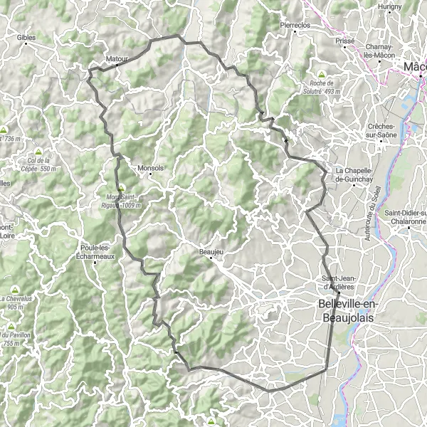Miniatura della mappa di ispirazione al ciclismo "Sfida ciclistica tra le colline vicino a Saint-Georges-de-Reneins" nella regione di Rhône-Alpes, France. Generata da Tarmacs.app, pianificatore di rotte ciclistiche