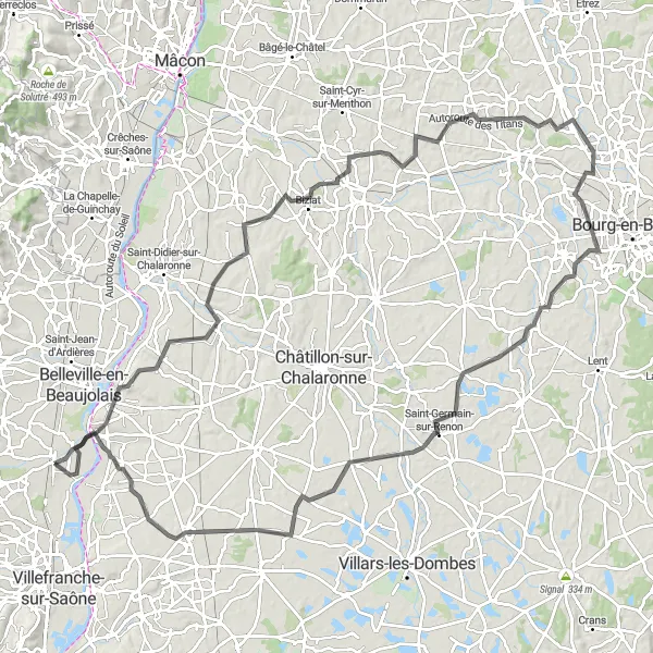 Map miniature of "The Road Challenge" cycling inspiration in Rhône-Alpes, France. Generated by Tarmacs.app cycling route planner