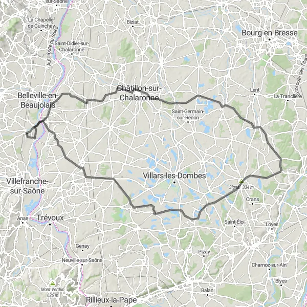 Miniatua del mapa de inspiración ciclista "Ruta de ciclismo de 114 km en carretera cerca de Saint-Georges-de-Reneins" en Rhône-Alpes, France. Generado por Tarmacs.app planificador de rutas ciclistas