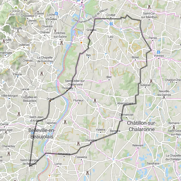 Miniatura della mappa di ispirazione al ciclismo "Giro in bicicletta da Saint-Georges-de-Reneins" nella regione di Rhône-Alpes, France. Generata da Tarmacs.app, pianificatore di rotte ciclistiche