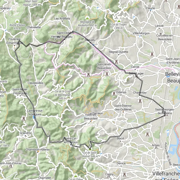 Karten-Miniaturansicht der Radinspiration "Hügelige Herausforderung durch die Weinberge" in Rhône-Alpes, France. Erstellt vom Tarmacs.app-Routenplaner für Radtouren