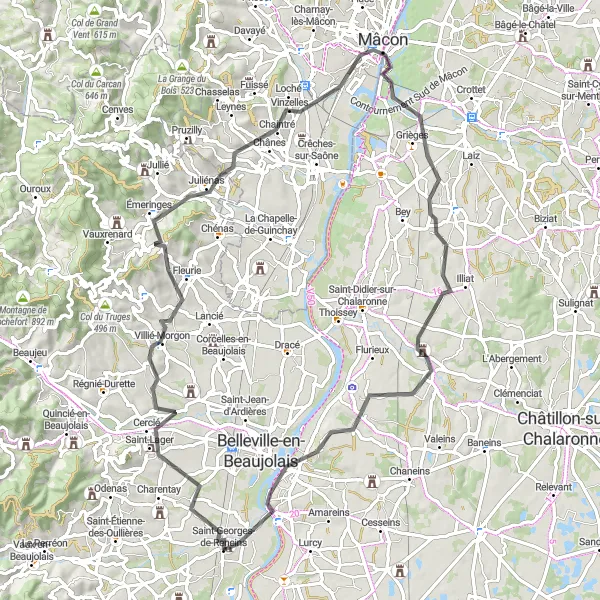 Zemljevid v pomanjšavi "Razburljiva cestna pot do Montmerle-sur-Saône" kolesarske inspiracije v Rhône-Alpes, France. Generirano z načrtovalcem kolesarskih poti Tarmacs.app