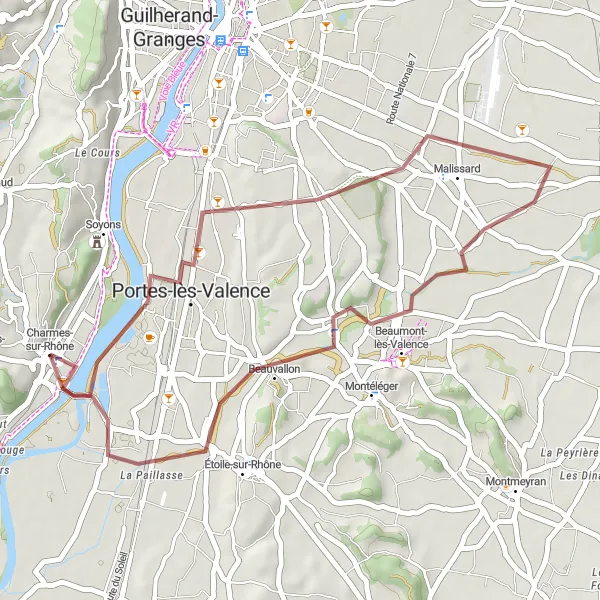 Map miniature of "Rhone Valley Gravel Adventure" cycling inspiration in Rhône-Alpes, France. Generated by Tarmacs.app cycling route planner