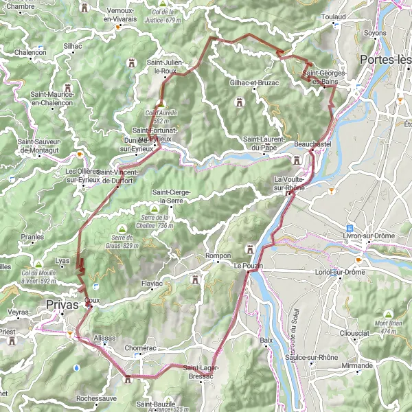 Miniaturní mapa "Gravel Cyklostezka Kolem Saint-Georges-les-Bains" inspirace pro cyklisty v oblasti Rhône-Alpes, France. Vytvořeno pomocí plánovače tras Tarmacs.app