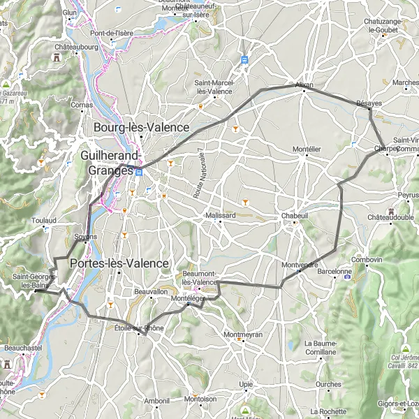 Karttaminiaatyyri "Kierros Valencesta Charmes-sur-Rhôneen" pyöräilyinspiraatiosta alueella Rhône-Alpes, France. Luotu Tarmacs.app pyöräilyreittisuunnittelijalla