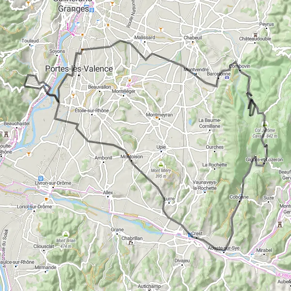 Miniatua del mapa de inspiración ciclista "Ruta de las Crestas y Colinas" en Rhône-Alpes, France. Generado por Tarmacs.app planificador de rutas ciclistas