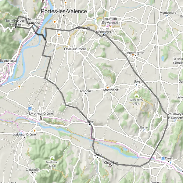 Zemljevid v pomanjšavi "Slikovita pot skozi Montéléger in Allex" kolesarske inspiracije v Rhône-Alpes, France. Generirano z načrtovalcem kolesarskih poti Tarmacs.app