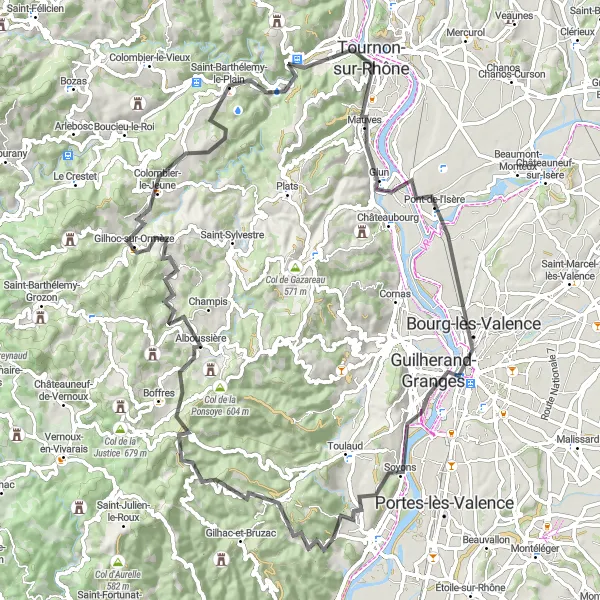 Zemljevid v pomanjšavi "86 km Cestno kolesarjenje v okolici Saint-Georges-les-Bains" kolesarske inspiracije v Rhône-Alpes, France. Generirano z načrtovalcem kolesarskih poti Tarmacs.app