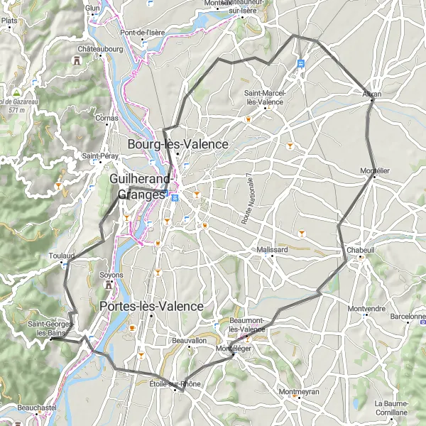 Zemljevid v pomanjšavi "Kolesarska pot do Valence" kolesarske inspiracije v Rhône-Alpes, France. Generirano z načrtovalcem kolesarskih poti Tarmacs.app