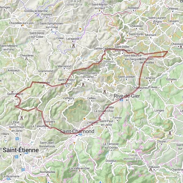 Miniature de la carte de l'inspiration cycliste "Boucle à Vélo Autour de Saint-Héand" dans la Rhône-Alpes, France. Générée par le planificateur d'itinéraire cycliste Tarmacs.app