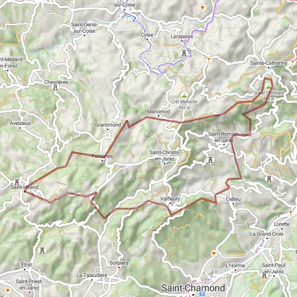Map miniature of "Gravel Adventure through La Gimond and Valfleury" cycling inspiration in Rhône-Alpes, France. Generated by Tarmacs.app cycling route planner