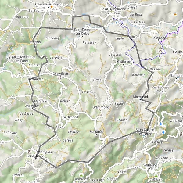 Miniaturní mapa "Road Route Coise" inspirace pro cyklisty v oblasti Rhône-Alpes, France. Vytvořeno pomocí plánovače tras Tarmacs.app