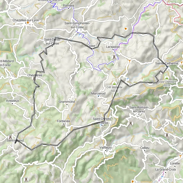 Miniature de la carte de l'inspiration cycliste "Boucle des Monts du Pilat" dans la Rhône-Alpes, France. Générée par le planificateur d'itinéraire cycliste Tarmacs.app