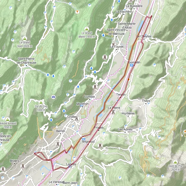 Miniature de la carte de l'inspiration cycliste "Les Chemins de Gravel du Grésivaudan" dans la Rhône-Alpes, France. Générée par le planificateur d'itinéraire cycliste Tarmacs.app