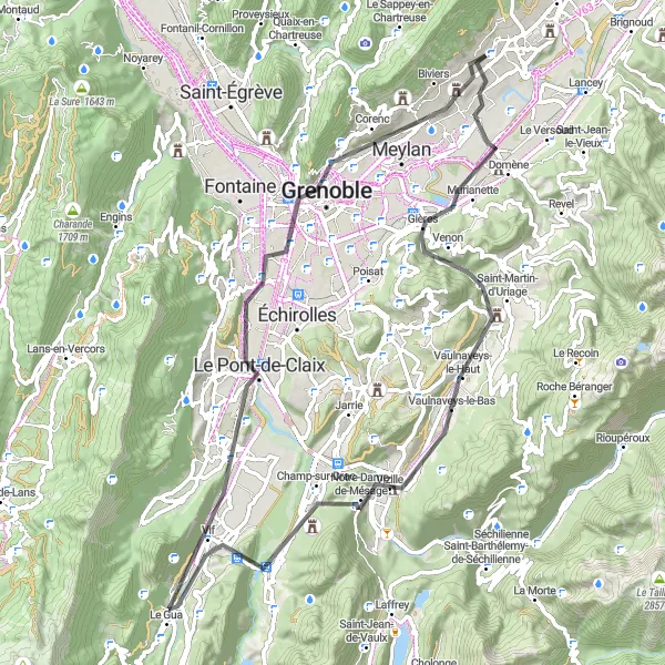 Kartminiatyr av "Saint-Ismier - Montagne de Grand Rochefort - Mont Jalla" sykkelinspirasjon i Rhône-Alpes, France. Generert av Tarmacs.app sykkelrutoplanlegger