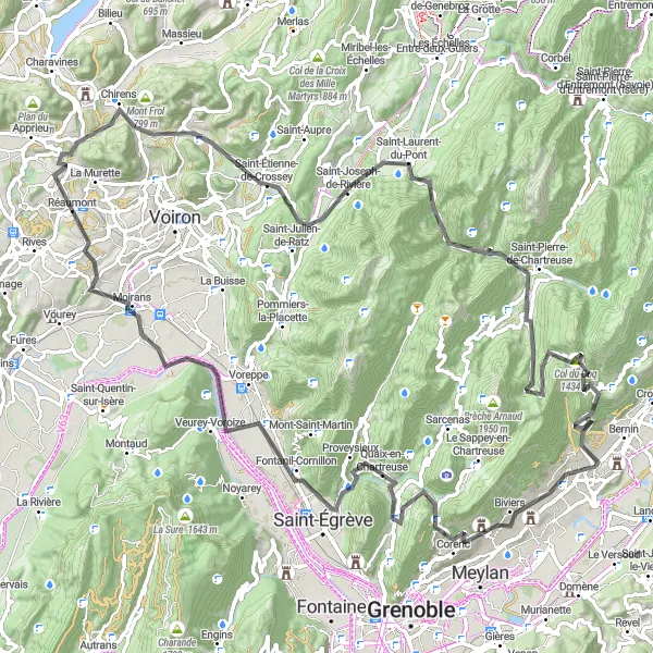 Map miniature of "Challenging Ride to Biviers" cycling inspiration in Rhône-Alpes, France. Generated by Tarmacs.app cycling route planner