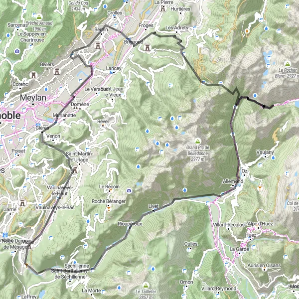 Karttaminiaatyyri "Haastetta ja kauneutta Rhône-Alpesissa" pyöräilyinspiraatiosta alueella Rhône-Alpes, France. Luotu Tarmacs.app pyöräilyreittisuunnittelijalla