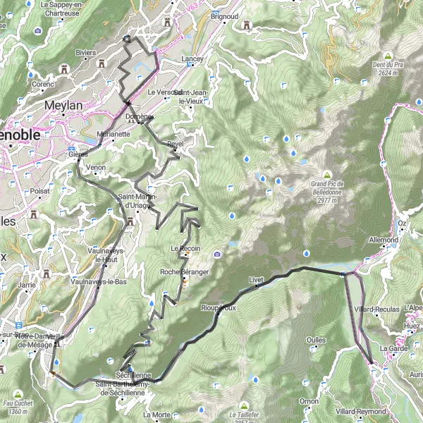 Map miniature of "Tour de Belledonne" cycling inspiration in Rhône-Alpes, France. Generated by Tarmacs.app cycling route planner