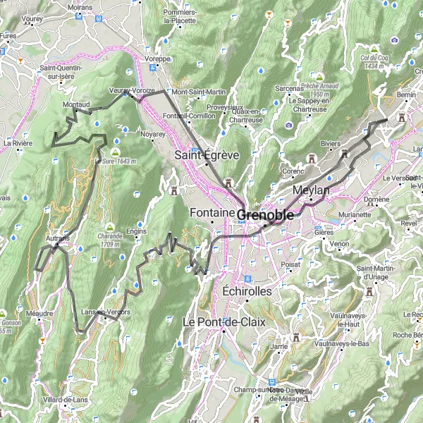 Kartminiatyr av "Rundtur til Vercors-fjellene" sykkelinspirasjon i Rhône-Alpes, France. Generert av Tarmacs.app sykkelrutoplanlegger