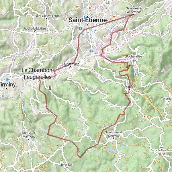 Miniatuurkaart van de fietsinspiratie "Avontuurlijke graveltocht naar Planfoy en Le Chambon-Feugerolles" in Rhône-Alpes, France. Gemaakt door de Tarmacs.app fietsrouteplanner