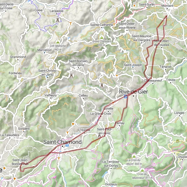 Miniature de la carte de l'inspiration cycliste "Les Collines du Pilat et des Monts du Lyonnais" dans la Rhône-Alpes, France. Générée par le planificateur d'itinéraire cycliste Tarmacs.app