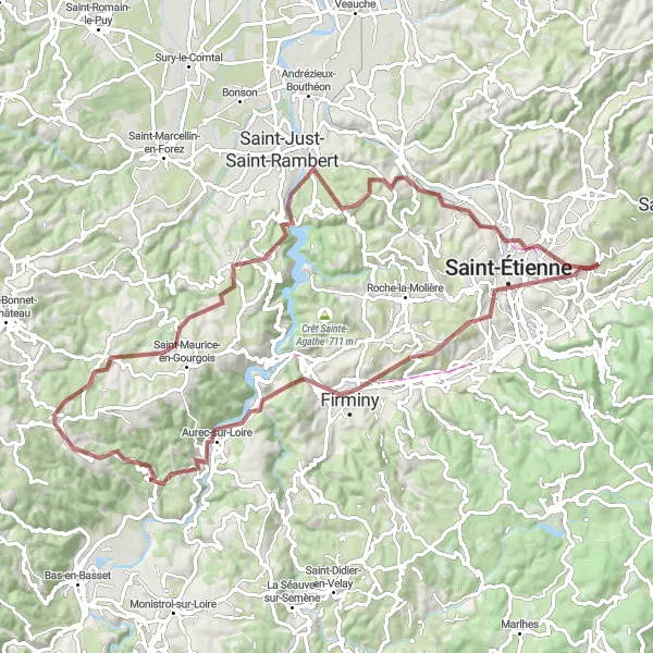 Kartminiatyr av "Graveläventyr runt Saint-Étienne" cykelinspiration i Rhône-Alpes, France. Genererad av Tarmacs.app cykelruttplanerare