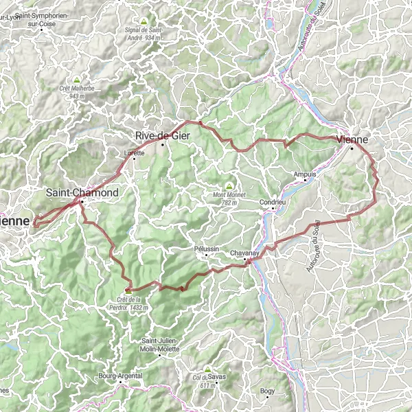 Mapa miniatúra "Gravelová cesta cez Belvédère de Pipet a Crêt de la Perdrix" cyklistická inšpirácia v Rhône-Alpes, France. Vygenerované cyklistickým plánovačom trás Tarmacs.app