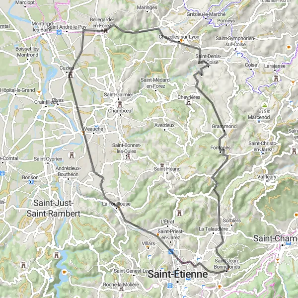 Map miniature of "Mont Morin and La Talaudière Round-Trip" cycling inspiration in Rhône-Alpes, France. Generated by Tarmacs.app cycling route planner