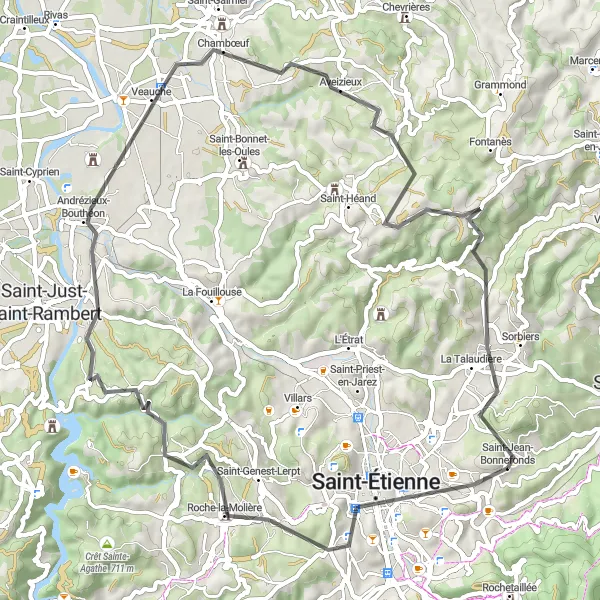 Zemljevid v pomanjšavi "Potovanje čez hribe Saint-Jean-Bonnefonds - Saint-Étienne" kolesarske inspiracije v Rhône-Alpes, France. Generirano z načrtovalcem kolesarskih poti Tarmacs.app