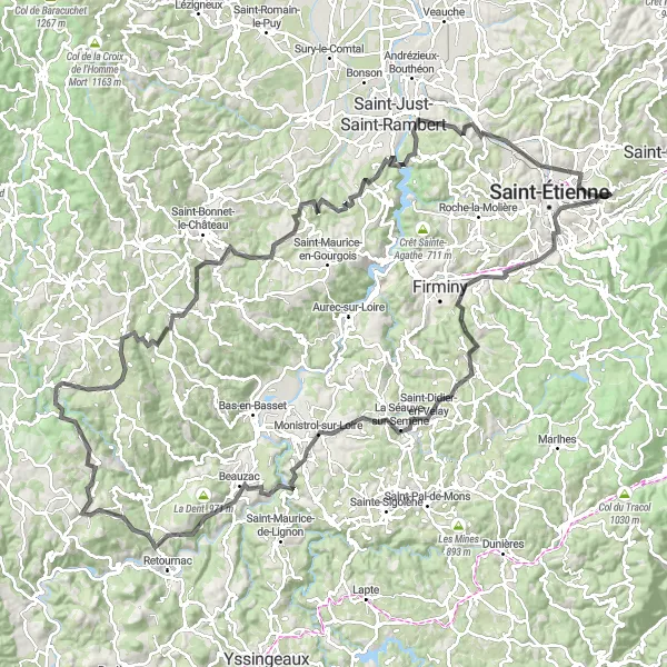 Miniatua del mapa de inspiración ciclista "Gran Desafío en Carretera desde Saint-Jean-Bonnefonds" en Rhône-Alpes, France. Generado por Tarmacs.app planificador de rutas ciclistas