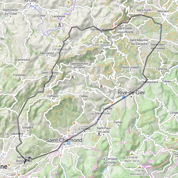Miniatuurkaart van de fietsinspiratie "Tocht naar Sainte-Catherine en Rive-de-Gier" in Rhône-Alpes, France. Gemaakt door de Tarmacs.app fietsrouteplanner