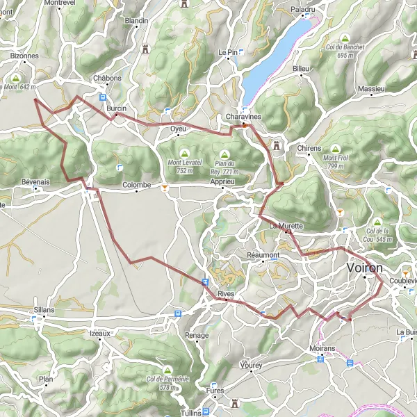 Miniatua del mapa de inspiración ciclista "Ruta de ciclismo de gravilla a Charnècles" en Rhône-Alpes, France. Generado por Tarmacs.app planificador de rutas ciclistas