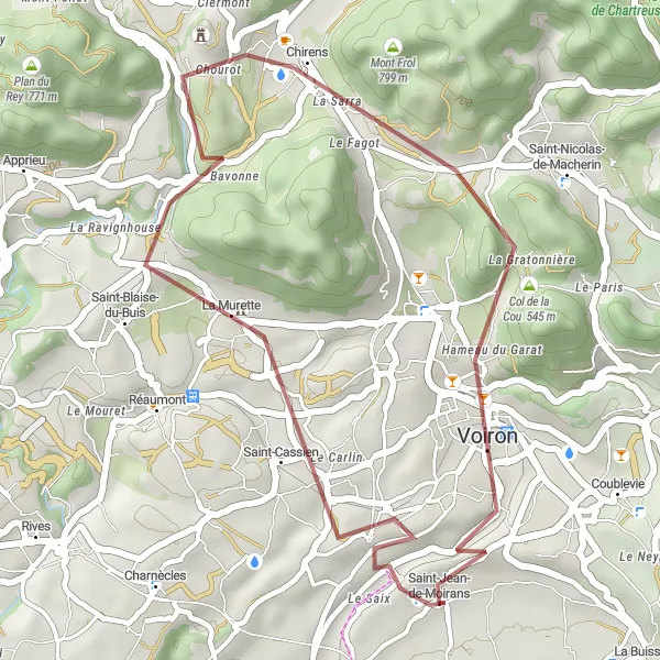 Mapa miniatúra "Gravelová trasa cez prírodné scenérie" cyklistická inšpirácia v Rhône-Alpes, France. Vygenerované cyklistickým plánovačom trás Tarmacs.app