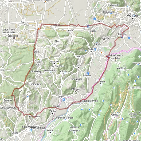 Miniatura della mappa di ispirazione al ciclismo "Giro panoramico di Rives" nella regione di Rhône-Alpes, France. Generata da Tarmacs.app, pianificatore di rotte ciclistiche