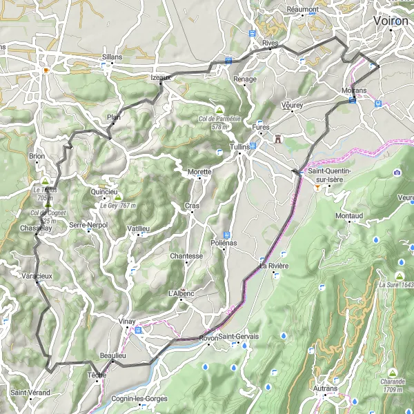 Miniatua del mapa de inspiración ciclista "Ruta de Ciclismo por Carretera a través de Saint-Jean-de-Moirans" en Rhône-Alpes, France. Generado por Tarmacs.app planificador de rutas ciclistas
