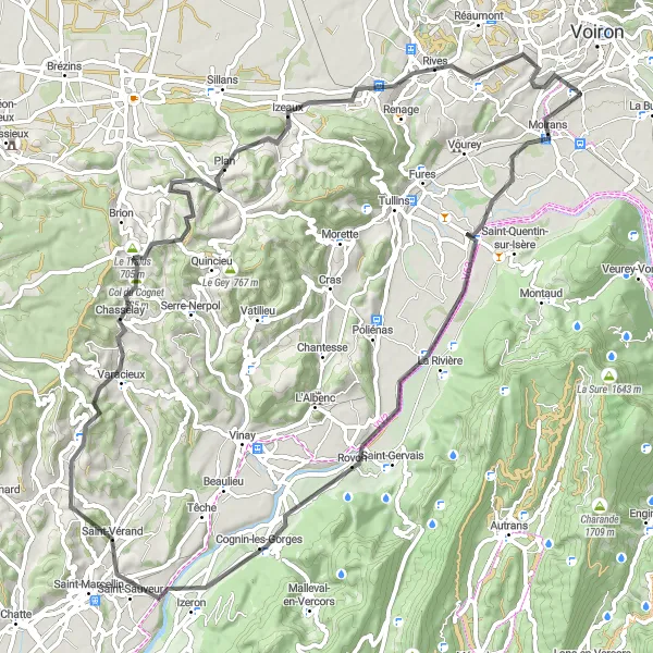 Zemljevid v pomanjšavi "Raziščite podeželje in gorovje" kolesarske inspiracije v Rhône-Alpes, France. Generirano z načrtovalcem kolesarskih poti Tarmacs.app