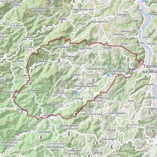 Map miniature of "Gravel Ride to Saint-Laurent-les-Bains" cycling inspiration in Rhône-Alpes, France. Generated by Tarmacs.app cycling route planner