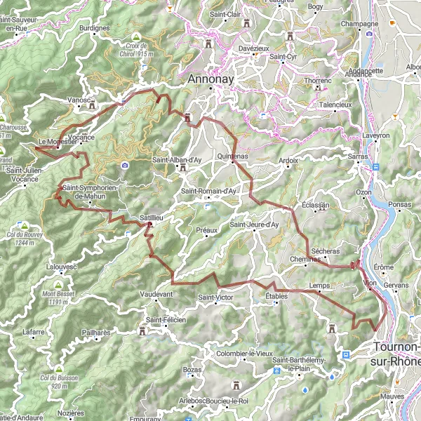 Karttaminiaatyyri "Haastava vuoristoreitti Gravel-polkupyörällä" pyöräilyinspiraatiosta alueella Rhône-Alpes, France. Luotu Tarmacs.app pyöräilyreittisuunnittelijalla
