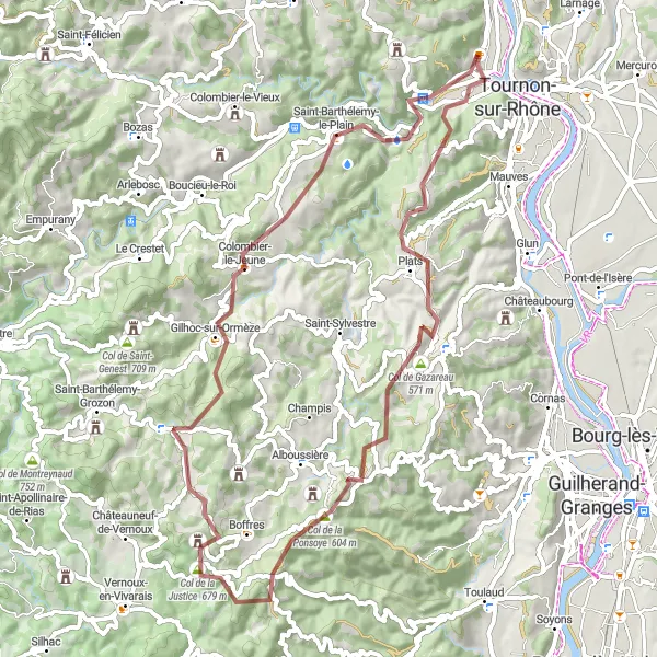 Karttaminiaatyyri "Linnojen ja viinitilojen reitti Gravel-polkupyörällä" pyöräilyinspiraatiosta alueella Rhône-Alpes, France. Luotu Tarmacs.app pyöräilyreittisuunnittelijalla