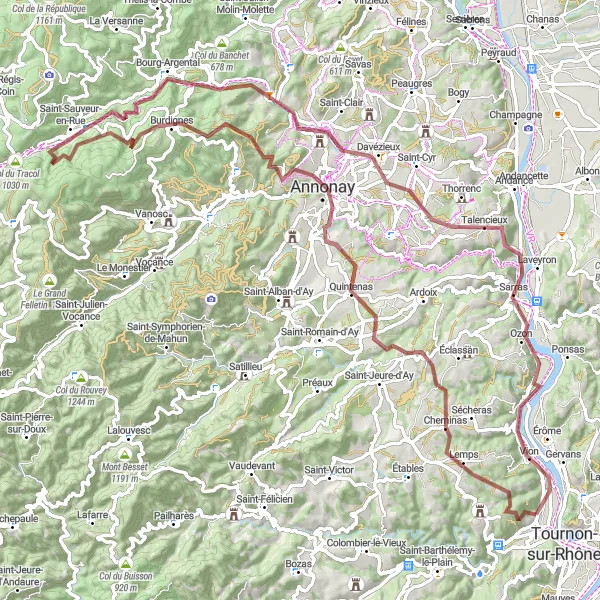 Karttaminiaatyyri "Vuoriston ympäri matkailu Gravel-polkupyörällä" pyöräilyinspiraatiosta alueella Rhône-Alpes, France. Luotu Tarmacs.app pyöräilyreittisuunnittelijalla