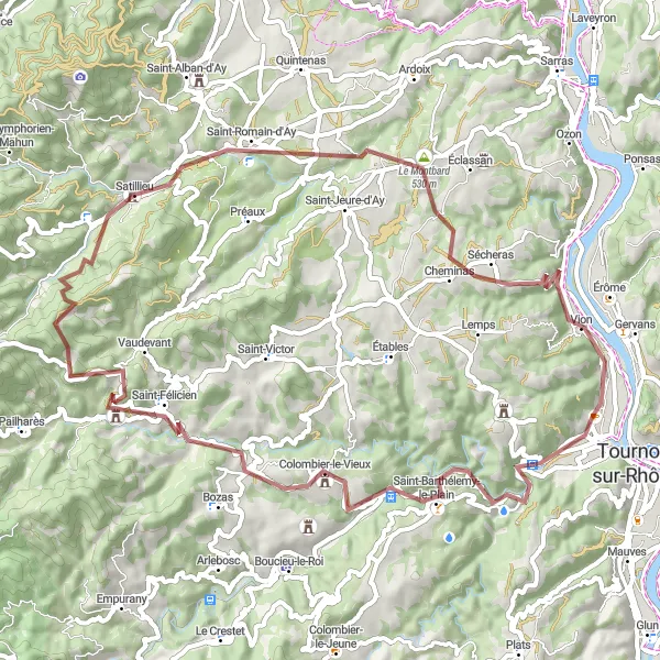 Zemljevid v pomanjšavi "Scenic Gravel Cycling Route" kolesarske inspiracije v Rhône-Alpes, France. Generirano z načrtovalcem kolesarskih poti Tarmacs.app