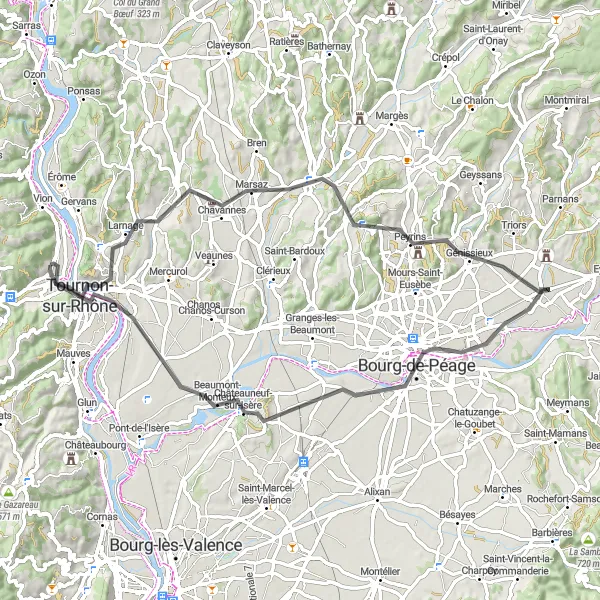 Kartminiatyr av "Eventyrlig Veisykling rundt Saint-Jean-de-Muzols" sykkelinspirasjon i Rhône-Alpes, France. Generert av Tarmacs.app sykkelrutoplanlegger