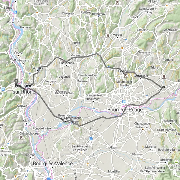 Miniature de la carte de l'inspiration cycliste "La Route des Vins de Crozes-Hermitage à Tournon-sur-Rhône" dans la Rhône-Alpes, France. Générée par le planificateur d'itinéraire cycliste Tarmacs.app