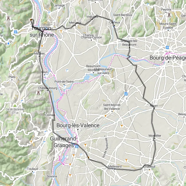 Kartminiatyr av "Magisk Road sykling fra Saint-Jean-de-Muzols" sykkelinspirasjon i Rhône-Alpes, France. Generert av Tarmacs.app sykkelrutoplanlegger
