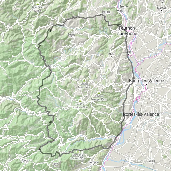 Miniature de la carte de l'inspiration cycliste "Tour des châteaux et villages de l'Ardèche" dans la Rhône-Alpes, France. Générée par le planificateur d'itinéraire cycliste Tarmacs.app
