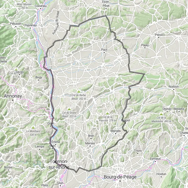 Kartminiatyr av "Veitur til Tain-l'Hermitage via Le Grand-Serre" sykkelinspirasjon i Rhône-Alpes, France. Generert av Tarmacs.app sykkelrutoplanlegger